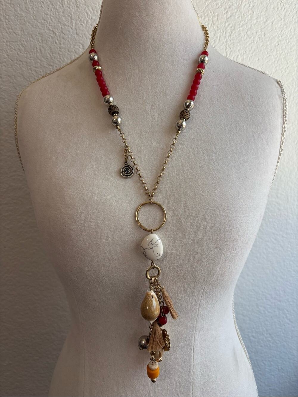 Chicos Gold Chain Pendant Beaded Coastal Theme Chunky Statement Necklace